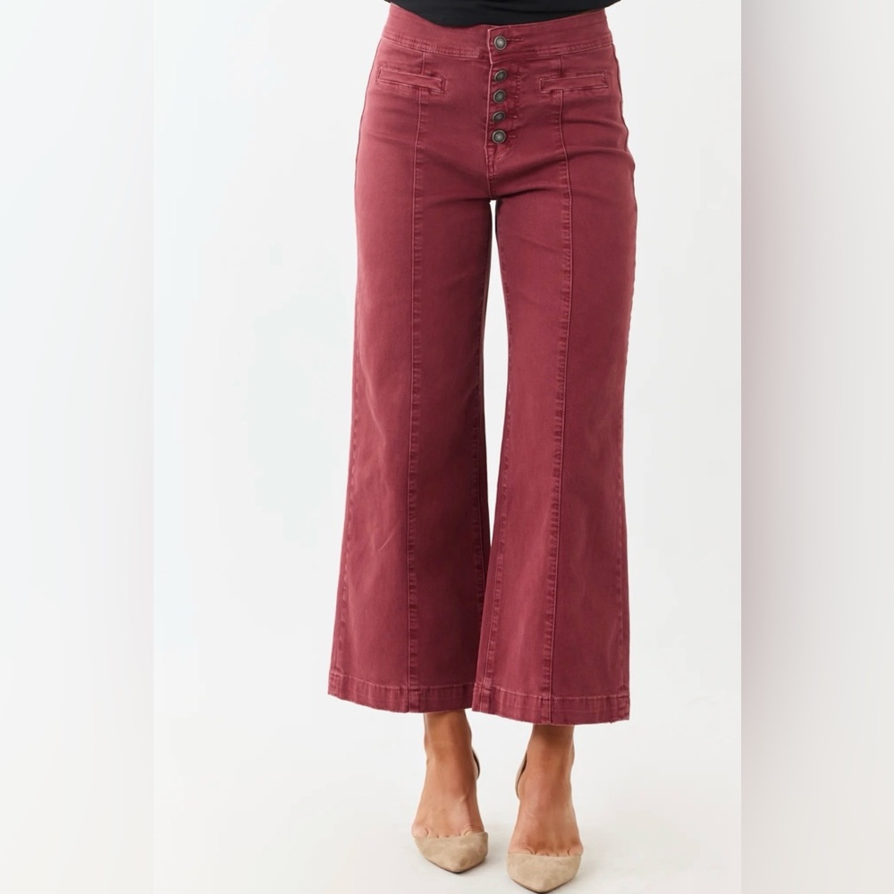 Mica Denim Faded Maroon Stretchy Wide Leg Crop Jeans